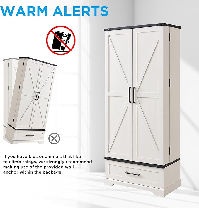 72" Farmhouse Kitchen Pantry Cabinet with Drawer, Tall Storage Cabinet with 2 Barn Doors and Shelves, Versatile Large Rustic Cupboard for Dining Room, Bathroom, Living Room, Laudry, White-CasaMuseHome