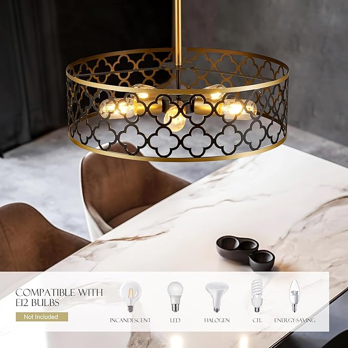 5-Light Drum Chandeliers for Dining Room,19.7" Rustic Farmhouse Dining Room Light Fixture, Black&Gold Metal Hanging Pendant Light for Living Room Bedroom Kitchen Entryway Foyer-CasaMuseHome