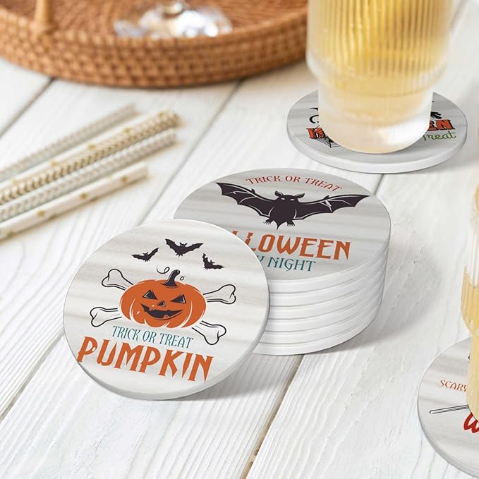 6 PCS Halloween Coasters with Metal Holder and Cork Base Ceramic Drink Coasters Absorbent Cup Mat Non-Slip for Home Kitchen Office Table Decor, 4 Inch Halloween 1-CasaMuseHome