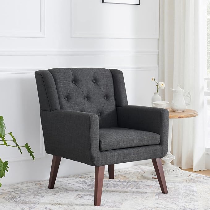 Accent Chair Button-Tufted Upholstered Living Room Chairs Comfy Reading Chair Mid Century Modern Chair with Linen Fabric Lounge Arm Chairs for Living Room Bedroom (Grey Set of 2)-CasaMuseHome