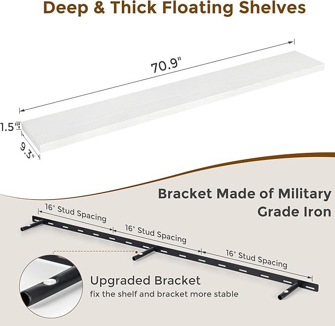 72 Inch Floating Shelves White, 72 x 9 Rustic Wooden Fireplace Mantel, 9 Inch Floating Shelf for Wall, Farmhouse Wall Shelves for Home Storage & Display-CasaMuseHome