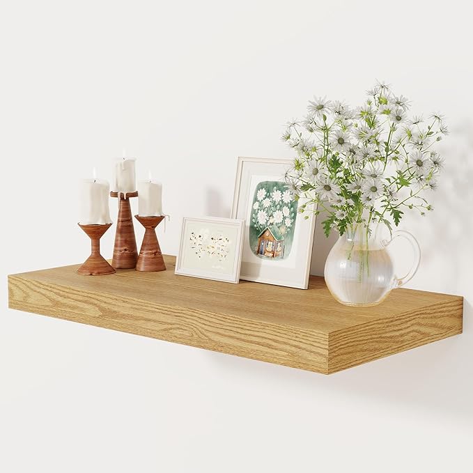 12 Inch Deep Floating Shelves, 24 x 12 Floating Shelf for Books, Rustic Wood Deep Wall Shelves for Home Storage & Display, 2" Thicked Shelves for Kitchen, Living Room, Bedroom, Oak Color, 1 Pack-CasaMuseHome