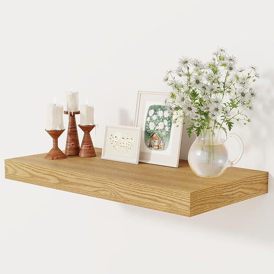 12 Inch Deep Floating Shelves, 24 x 12 Floating Shelf for Books, Rustic Wood Deep Wall Shelves for Home Storage & Display, 2" Thicked Shelves for Kitchen, Living Room, Bedroom, Oak Color, 1 Pack-CasaMuseHome