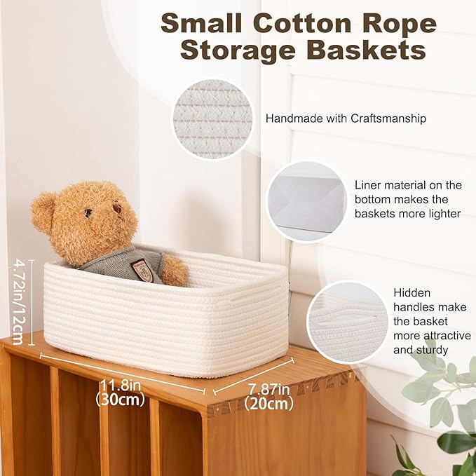 3 Pack Small Storage Baskets for Organizing, Cute Woven Decorative Gift Baskets for Shelves, Mini Closet Organizer Bins with Handles, 11.81''Lx7.87''Wx4.72''H-White-CasaMuseHome