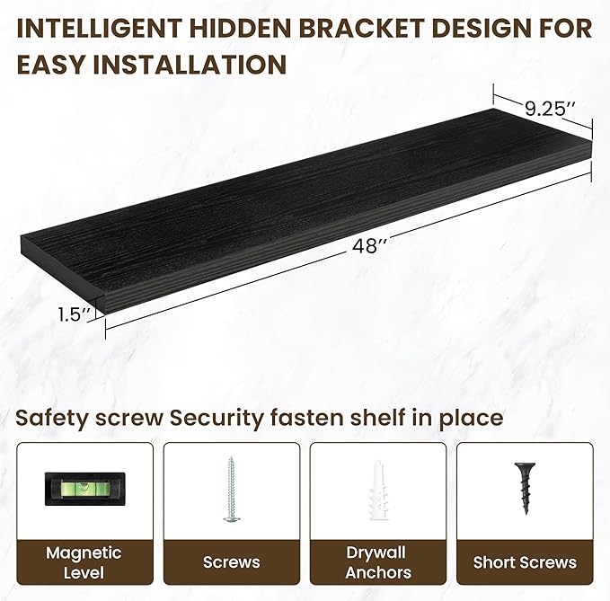 48 Inch Floating Shelves, 48"x9.25"x1.5" Inch Deep Floating Shelves for Wall, Wooden Shelves for Bathroom, Bedroom, Living Room, Black-CasaMuseHome