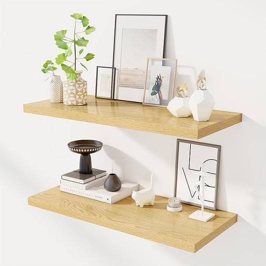32" Floating Shelves for Wall, 12" Deep Slim Oak Floating Shelves, Wall-Mounted Shelves for Bedroom, Living Room, Kitchen, Bathroom - Set of 2-CasaMuseHome