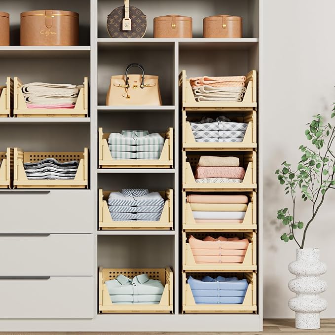 5 Pack Stackable Closet Storage Basket - Stackable Storage Bins, Multifunctional & Foldable Closet Organizer, Wardrobe Cupboard Space-Saving Hat Storage Drawer Organizer, Yellow-CasaMuseHome