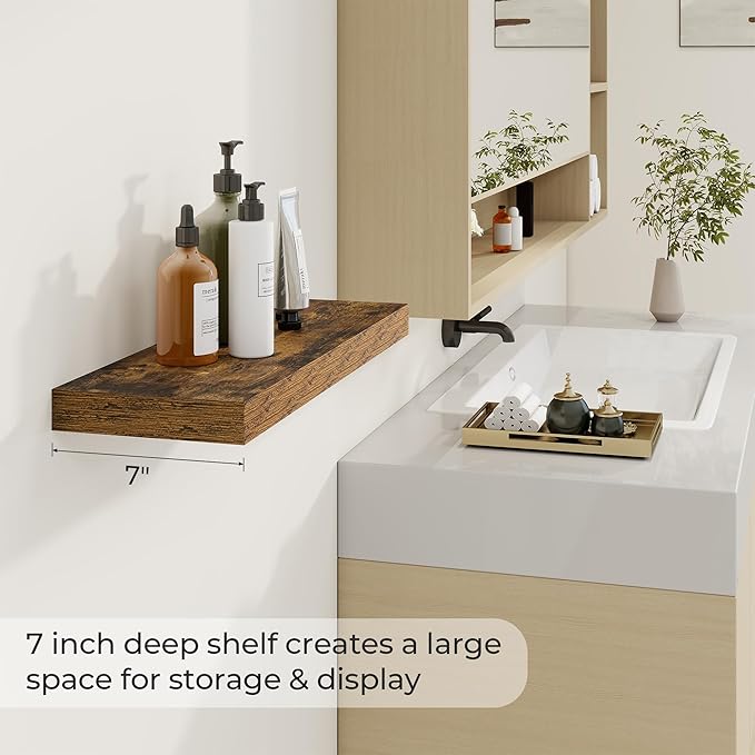 24 inch Floating Shelves Long Floating Shelves for Wall Large Wall Mounted Shelves with Invisible Brackets, Brown Shelves for Bathroom, Living Room, Kitchen, Office, 24x6.7 inch deep Set of 2-CasaMuseHome