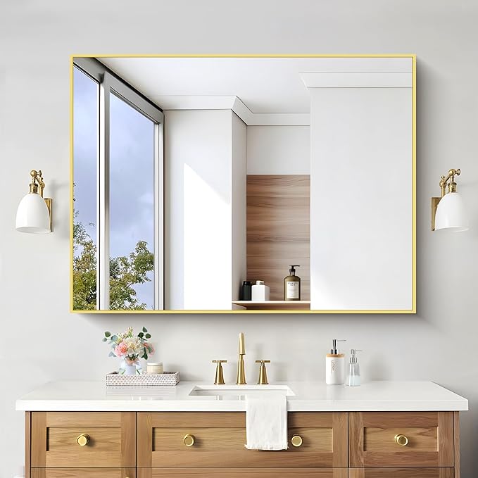 36x55inch Bathroom Mirror, Gold Rectangle Mirror with Thin Metal Frame, Large Rectangular Wall Mirror for Bathroom, Living Room, Hair Salon, Big Farmhouse Mirror Hang Horizontal/Vertical-CasaMuseHome