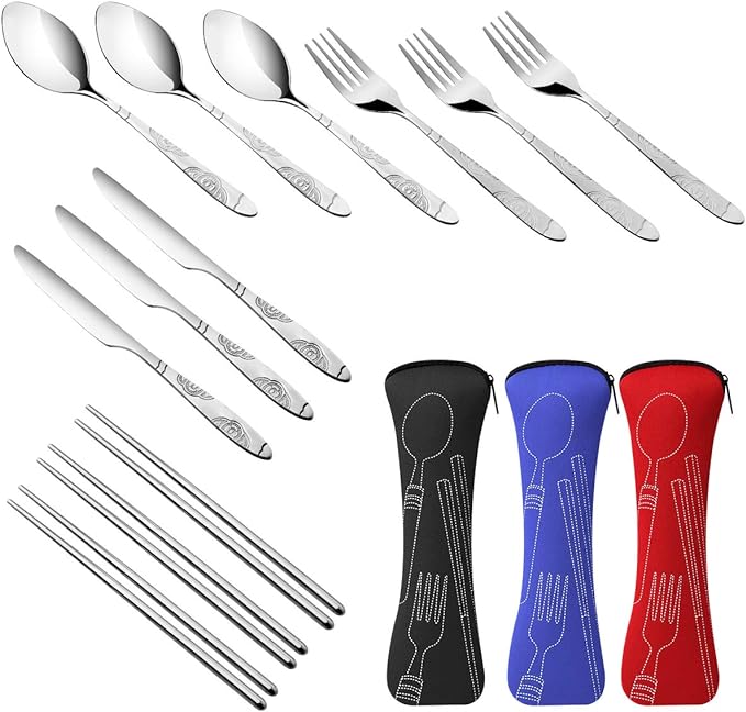 3 Pack Reusable Flatware Sets Knife, Fork, Spoon, Chopsticks, 12Pcs Portable Travel Stainless Steel Tableware Dinnerware with Carrying Case-CasaMuseHome