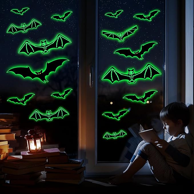 3 Sheets Glow in The Dark Halloween Skeleton Bat Decals Luminous Halloween Skeleton Bat Stickers Removable Bat Wall Decor Glowing Window Clings for Scary Halloween Theme Party Decorations-CasaMuseHome