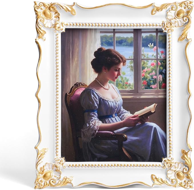 8x10 Vintage Picture Frame with Embossed Flower Design, White Ornate Frame for 8x10 or 5x7 Pictures with White Mat, Hand-Crafted Resin Antique Frames for Tabletop & Wall Hanging, Home Decor (White)-CasaMuseHome