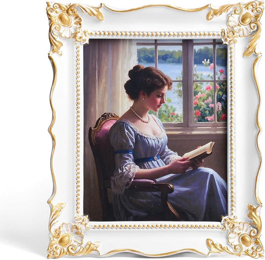 8x10 Vintage Picture Frame with Embossed Flower Design, White Ornate Frame for 8x10 or 5x7 Pictures with White Mat, Hand-Crafted Resin Antique Frames for Tabletop & Wall Hanging, Home Decor (White)-CasaMuseHome