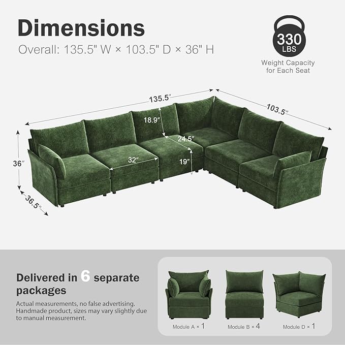135.5" Oversized Modular Sectional Sofa, L Shaped Convertible Couch with Movable Ottoman, Large 6 Seat Corner Couches for Living Room Deep Seat Green Chenille-CasaMuseHome