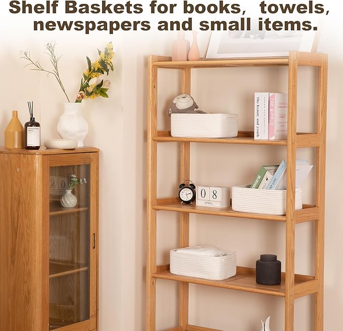 3 Pack Small Storage Baskets for Organizing, Cute Woven Decorative Gift Baskets for Shelves, Mini Closet Organizer Bins with Handles, 11.81''Lx7.87''Wx4.72''H-White-CasaMuseHome