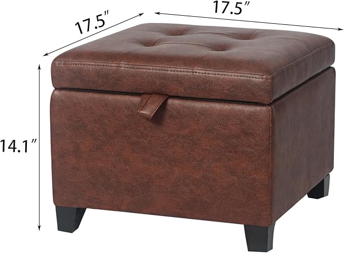 Adeco Faux Leather Storage Ottoman Bench with Wood Legs, 17.7" Square Red and Brown PU Cube Foot Stool, Upholstered Button Tufted Vanity Chair with Hinged Lid for Living Room, Bedroom, Dorm-CasaMuseHome