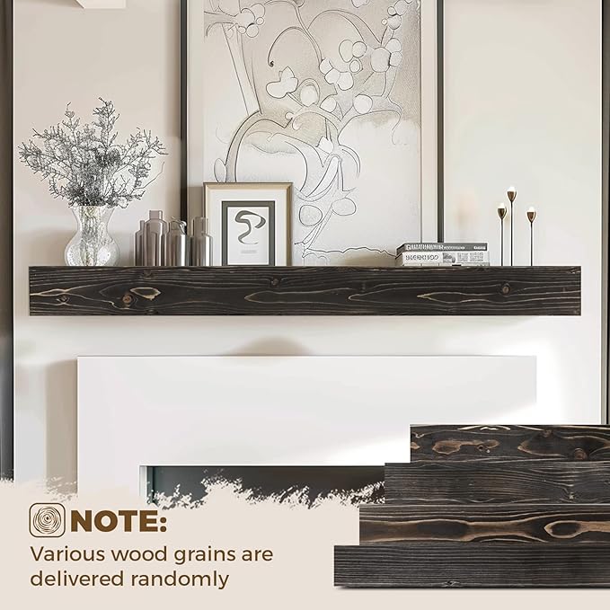 60x8x3 Fireplace Mantel - Handcrafted Hollow Rustic Solid Wood Wall Mounted Floating Shelf with Invisible Heavy Duty Wood Bracket (Weathered Black)-CasaMuseHome