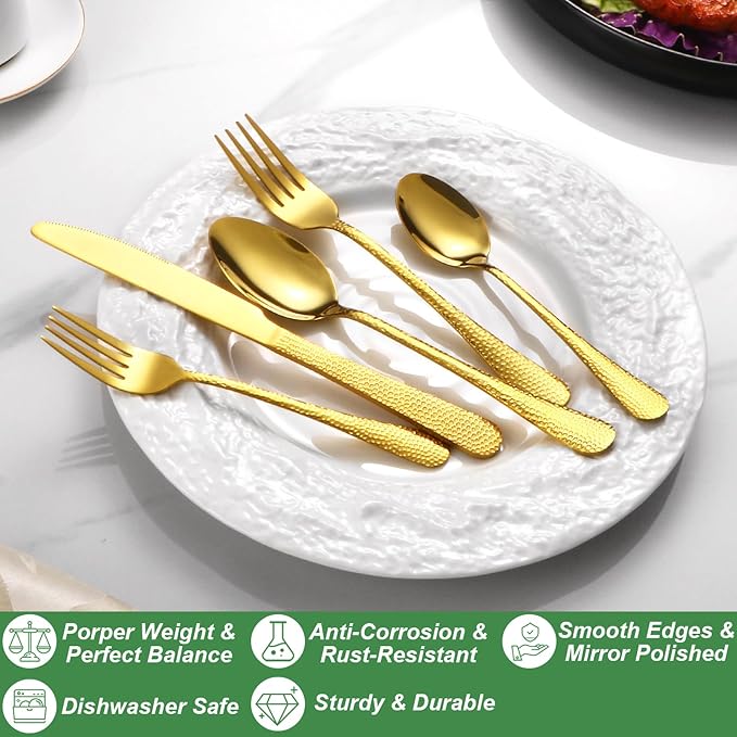 40 Pcs Gold Silverware Set for 8 with Hammered Design, Food Grade Stainless Steel Flatware Set, Eating Utensils Sets Include Fork/Knife/Spoon, Cutlery Set, Dishwasher Safe-CasaMuseHome