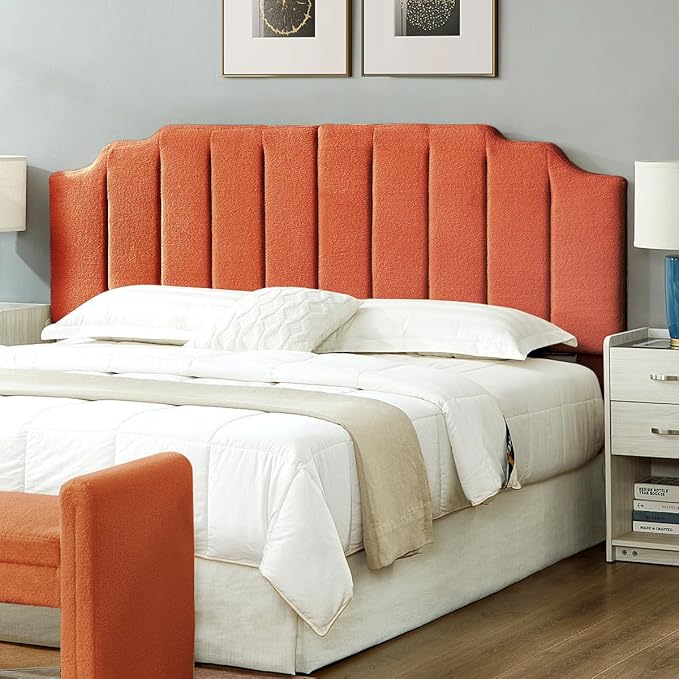24KF Orange Teddy Fabric Tufted King Upholstered Headboard, Modern Vertical Channel Design California King Headboard with Stepped Silhouette Top Edge,6026-K-Teddy Orange-CasaMuseHome