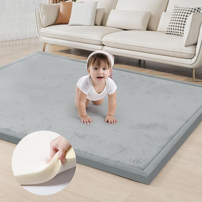 ACOMOPACK Baby Play Mat for Floor 1.3" Thick Memory Foam Play Mat 79"×118" Tummy Time Crawling with Non-Slip Bottom for Living Room,Nursery,Soft Velvet Playpen Mats for Kids,Infants（Light Grey）-CasaMuseHome