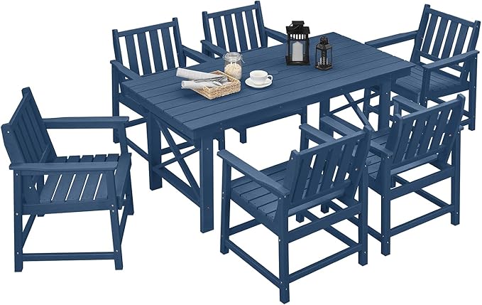 7 Pieces HDPE Outdoor Dining Set, Patio Dining Set with Umbrella Hole, All Weather Outdoor Dining Table Sets for 6, HDPE Patio Furniture Sets for Deck, Backyard, Lawn, and Poolside, Navy-CasaMuseHome