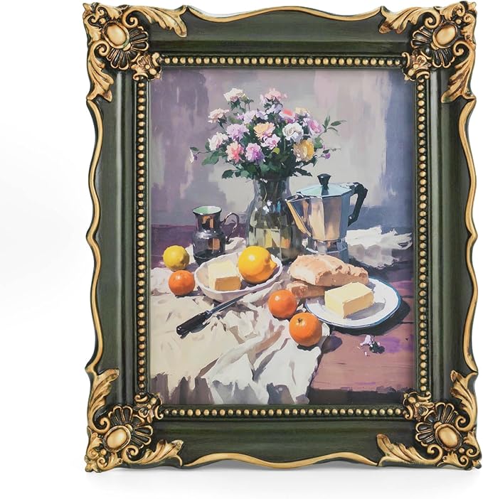 8x10 Vintage Picture Frame with Embossed Flower Design, Green Ornate Frame for 8x10 or 5x7 Pictures with White Mat, Hand-Crafted Resin Antique Frames for Tabletop & Wall Hanging, Home Decor (Green )-CasaMuseHome