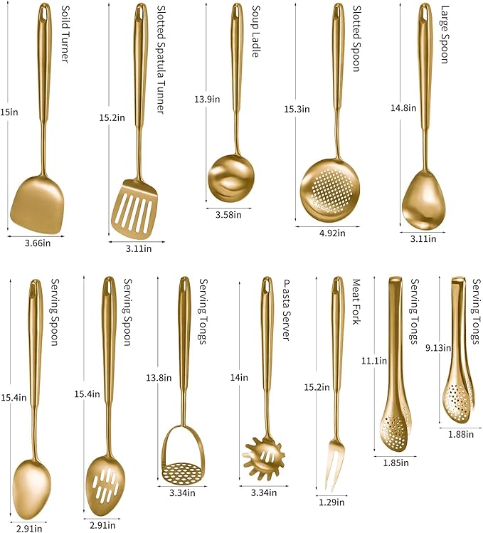 304 Stainlss Steel Matte Kitchen Utensils Set, 12 Pcs Long Metal Cooking Utensil Gadgets Tools Set with Spatula, Ladle, Spoon, Ladle, Skimmer, Tunner, Pasta Server, Tongs(Gold, Dishwasher Safe)-CasaMuseHome