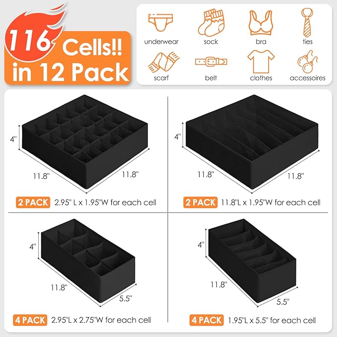 12 Pack Drawer Organizers, 116 Compartments Fabric Foldable Dresser Drawer Organizers for Clothing, Closet Organizers and Storage Bins for Clothes, Christmas Ornament Storage Boxes with Dividers-CasaMuseHome