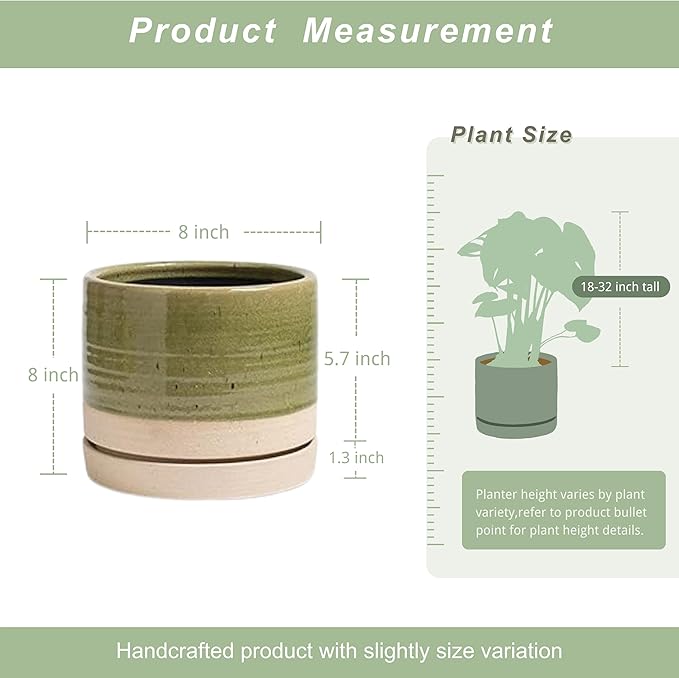 8 Inch Pots for Plants, Ceramic Planter Pot with Drainage Hole & Saucer, Indoor/Outdoor Cylinder Round Planter Pot, Green & Beige-CasaMuseHome