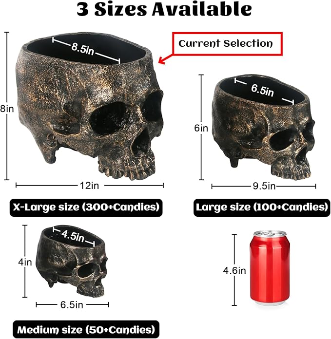 7lb Capacity Extra Large Halloween Skull Candy Dish - Deep Skull Head Halloween Candy Bowl Holder Artificial Resin Skulls Decor Indoor Outdoor Table Centerpieces Flower Pot Plant Office Pen Holder-CasaMuseHome