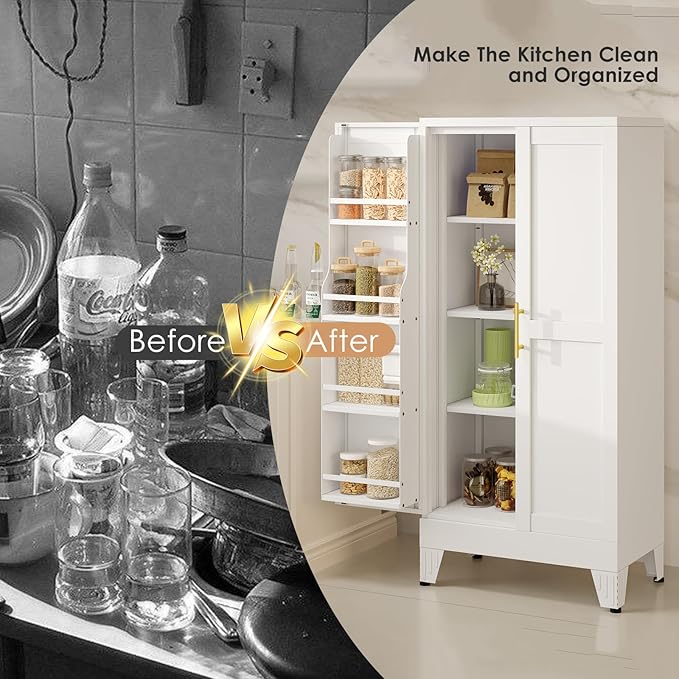 51" H Metal Kitchen Pantry Storage Cabinet, Freestanding Cupboard Storage Cabinet with Doors and Adjustable Shelves, Large Stand Up Food Cupboard for Living Room, Dinning Room, White-CasaMuseHome