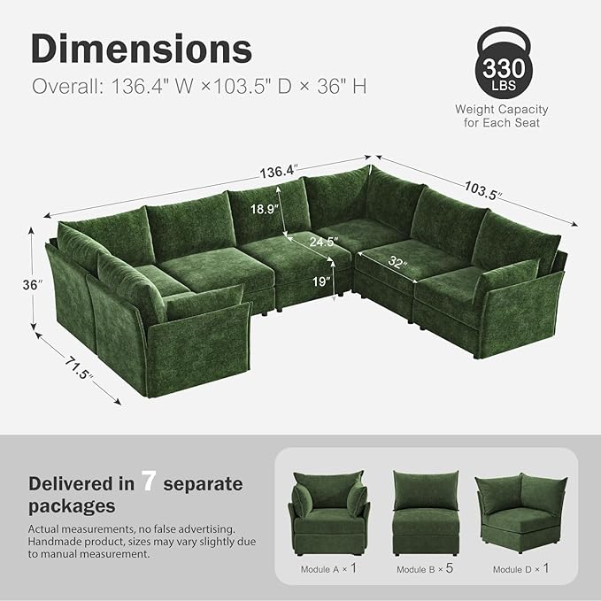 136.4" Oversized Modular Sectional Sofa, U Shaped Convertible Couch with Movable Ottoman, Large 7 Seat Corner Couches for Living Room Deep Seat Green Chenille-CasaMuseHome