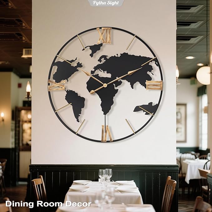 36 Inch Oversized Giant Extra Large Modern Decorative Metal World Map Wall Clock,Big Vintage Gold Roman Numeral Wall Clocks for Living Room,Entryway,Office,Fireplace,Dining Room-CasaMuseHome