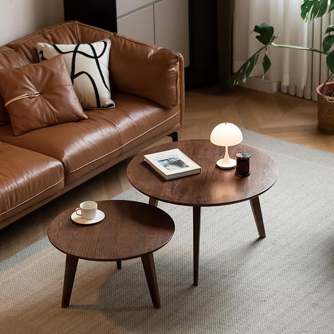 100% Solid Oak Wood Coffee Table Set, Round Coffee Table Combo Side Table w/Solid Wood Legs, Mid Century Table Sturdy Tables for Bedroom Balcony Living Room (Walnut, Big-Medium Combo)-CasaMuseHome