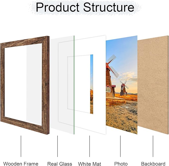 8x10 Picture Frame Set of 4, 8 x 10 Wood Photo Frames with Mat for 5x7, Natural Wooden Frame with Real Glass Cover for Wall and Tabletop Display,Rustic Brown-CasaMuseHome