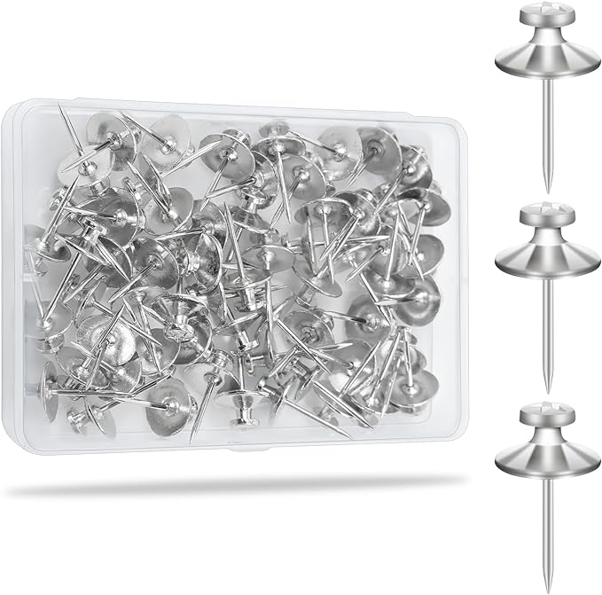KURUI 60Pcs Double Headed Nails for Hanging Pictures, Wall Hangers Without Nails, Thumb Tacks for Wall, Renter Friendly Decor Push Pins for Tapestry Frame Art, Picture Hangers-Silver