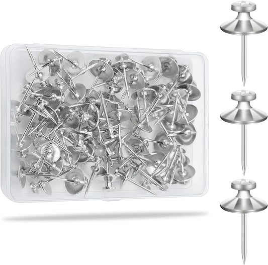 KURUI 60Pcs Double Headed Nails for Hanging Pictures, Wall Hangers Without Nails, Thumb Tacks for Wall, Renter Friendly Decor Push Pins for Tapestry Frame Art, Picture Hangers-Silver