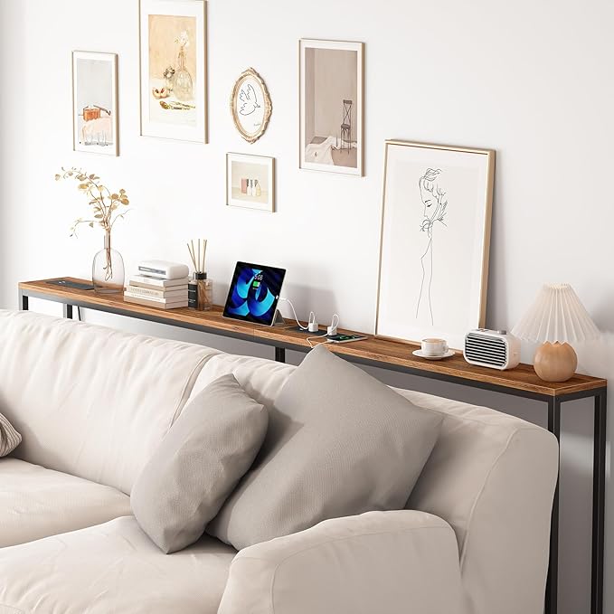 80.7'' Narrow Sofa Table with 2 Power Outlets (6 AC Outlets & 4 USB Ports), Thin Console Tables Narrow Long, Behind Couch Table Skinny for Entryway, Living Room, Hallway, Foyer, Rustic Brown-CasaMuseHome