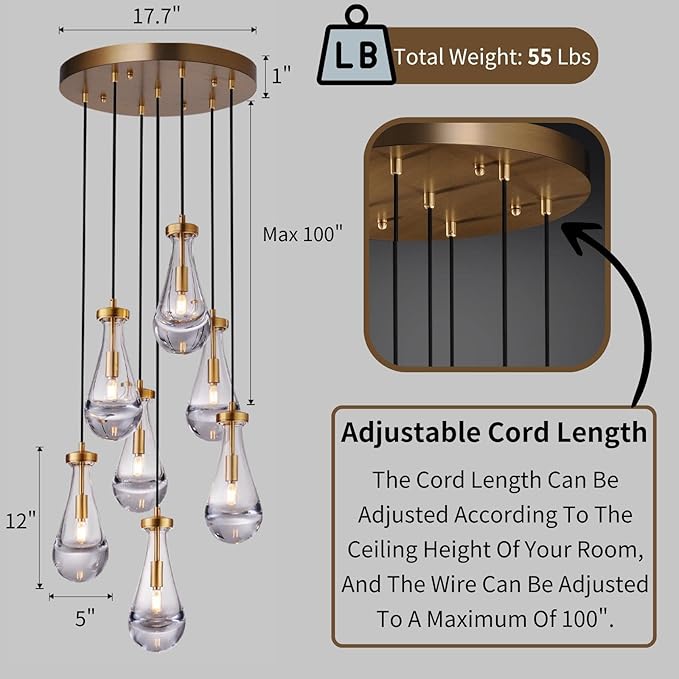 7 Light Raindrop Chandeliers, Brass Teardrop Cluster Pendant Lights Kitchen Island, Gold Dining Room Chandeliers Over Table Hanging Pendant Lighting for High Ceiling, Entryway Staircase-CasaMuseHome