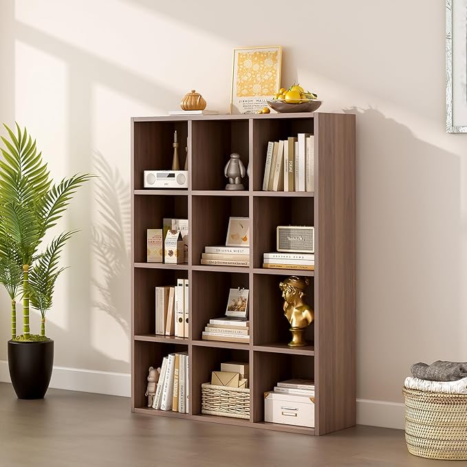 12-Cube Storage Shelf Bookcase - Wooden 3-Tier Floor Standing Open Bookshelf for Home and Office, Cuby Orgainzer, Walnut-CasaMuseHome
