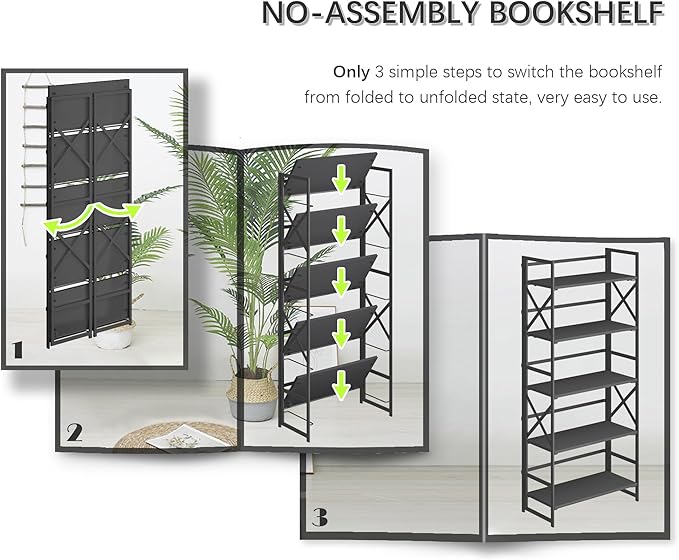 4NM 5 Tiers No Assembly Book Shelves, 51.2" H Folding Bookshelf Bookcase Open Industrial Foldable Shelves for Bedroom, Living Room, Home Office - All Black-CasaMuseHome