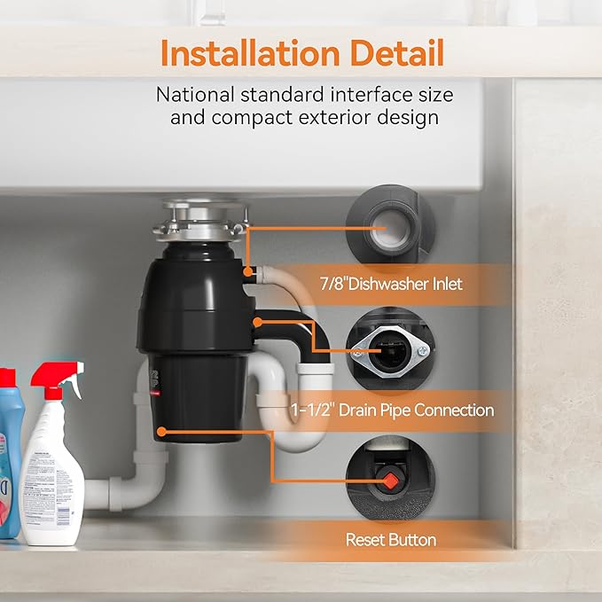 3/4 HP Garbage Disposal, TECASA Food Garbage Disposal with Power Cord, Stainless Steel Grinding System and 3-Bolt Mounting, Continuous Feed Garbage Disposals, Quiet, Taskmaid Series 75-CasaMuseHome