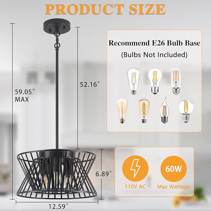 3-Lights Black Pendant Light Vintage Geometric Chandelier Light Fixture Adjustable Metal Lighting Fixtures for Kitchen Room Dining Room Foyer-CasaMuseHome