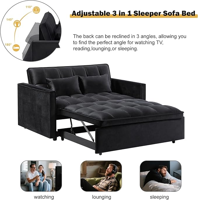 3 in 1 Convertible Sleeper Sofa Bed, Couch with Pull Out Bed with Side Pocket, Convertible Love Seat Sleepers Couch for Living Room, Bedroom, Black-CasaMuseHome