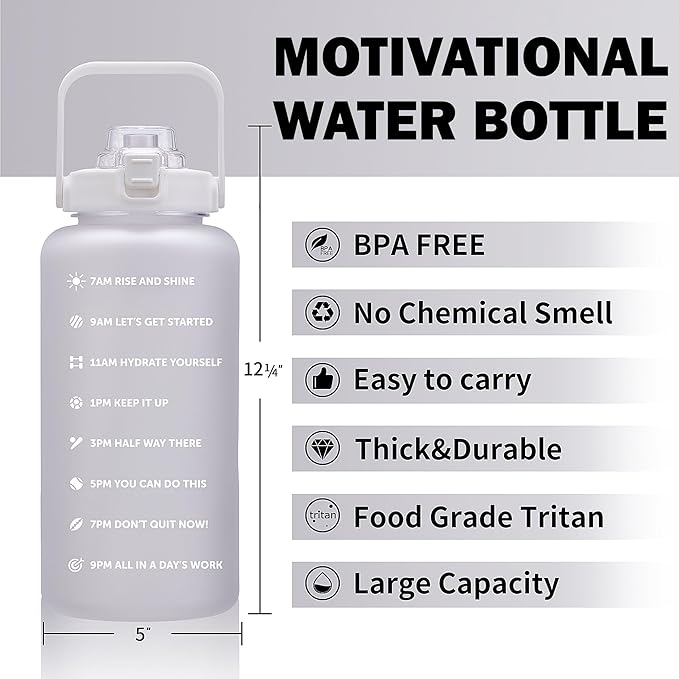 64oz,100oz,128oz Large Motivational Water Bottle with Time Marker, Leakproof & BPA Free Half Gallon Big Water Bottle with Straw Handle Tritan Frosted Water Jug for Gym,Fitness,Outdoor Sports-CasaMuseHome