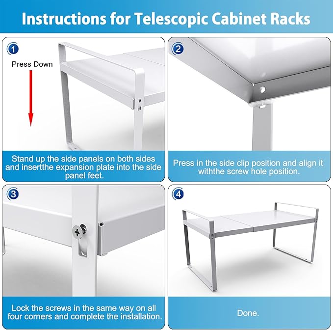 9'' Wide Expandable Cabinet Shelf Organizer Rack Adjustable Length 14''-26'' Pantry Shelf Spice Rack Heavy Duty Nonslip Kitchen Counter Storage Shelves Pantry Cupboard Under Sink Countertop White-CasaMuseHome