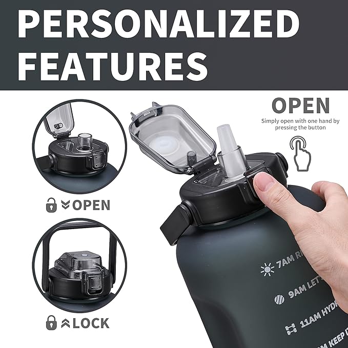 64oz,100oz,128oz Large Motivational Water Bottle with Time Marker, Leakproof & BPA Free Half Gallon Big Water Bottle with Straw Handle Tritan Frosted Water Jug for Gym,Fitness,Outdoor Sports-CasaMuseHome