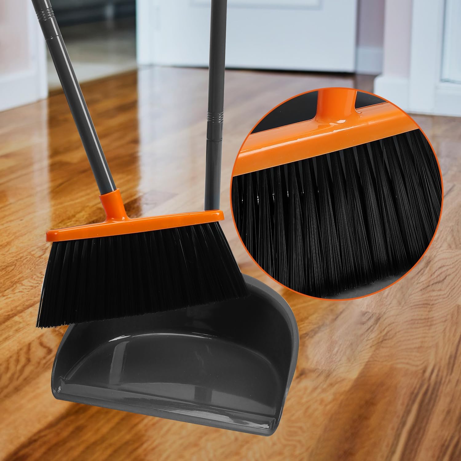 Long Handle Broom with Upright Standing Dustpan Combo for Office Home Kitchen Lobby Floor Cleaning