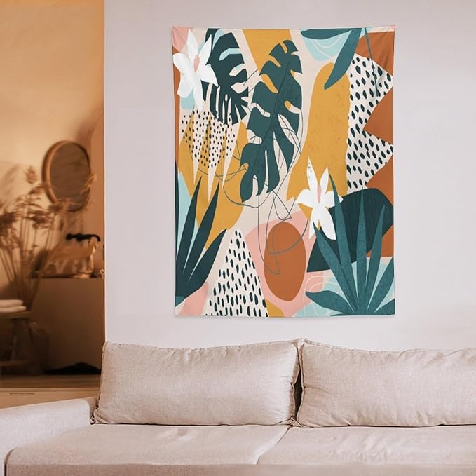 Abstract Bohemian Mid Century Tapestry, Tropical Leaves Modern Geometric Archway Minimalist Bohemian Botanical Aesthetic Wall Hanging, Sage Green Gold Home Decor Art for Bedroom 40x60 Inch-CasaMuseHome