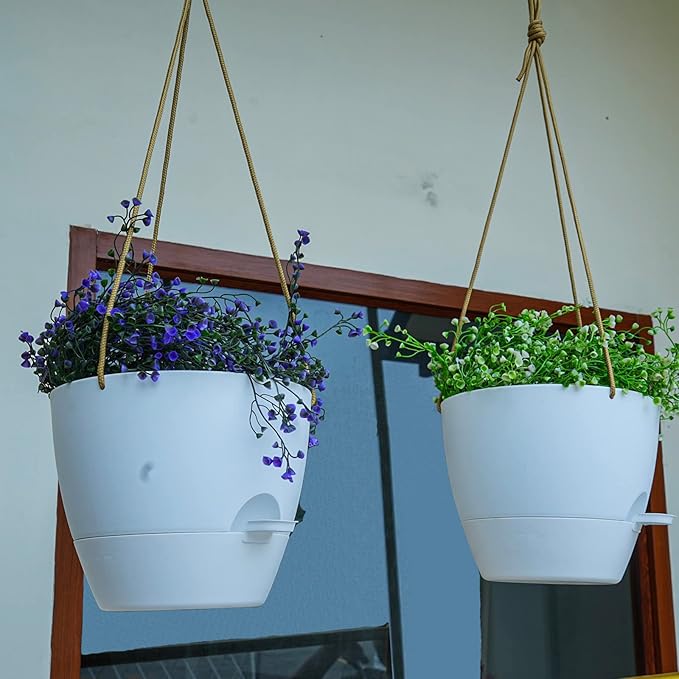 8 inch Hanging Planters, 2 Pack Self Watering Hanging Pots with 20oZ Deep Reservoir for Indoor Outdoor Plants Flowers, White-CasaMuseHome